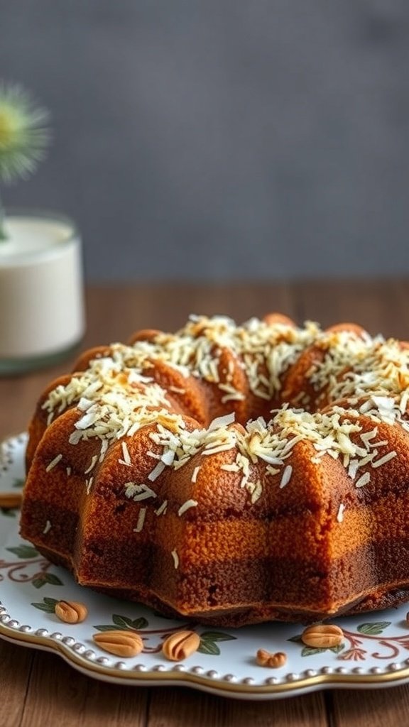 A beautifully baked coffee cake topped with coconut flakes on a decorative plate.