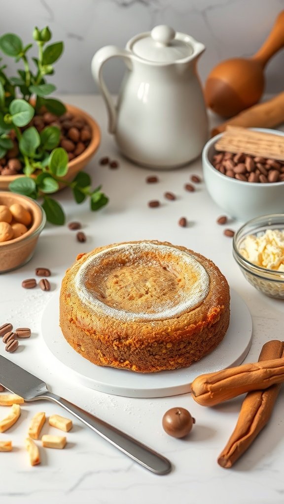 A freshly baked coffee cake surrounded by coffee beans and baking ingredients.