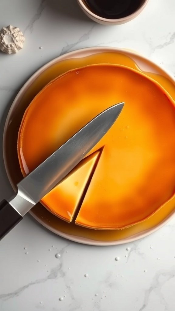 A beautifully presented coffee flan with a knife cutting into it.