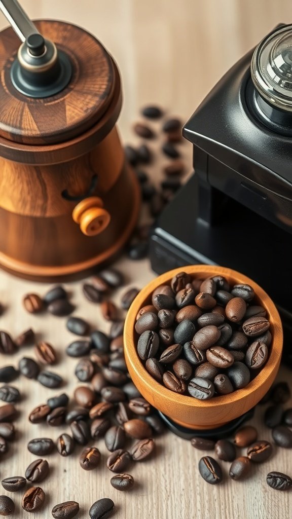 A wooden grinder and a bowl of coffee beans on a table.
