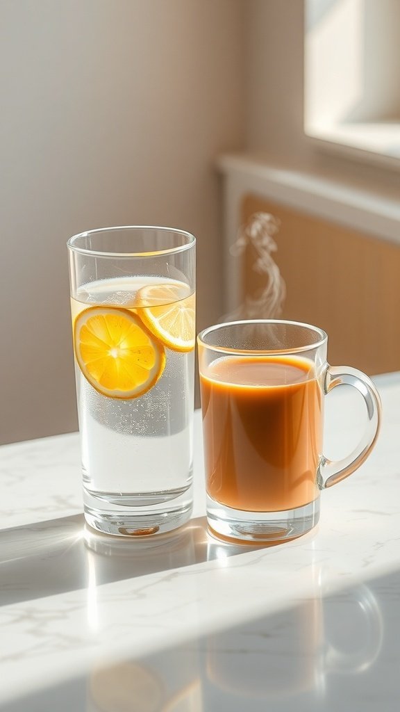 A glass of lemon-infused water next to a steaming cup of coffee on a marble surface.