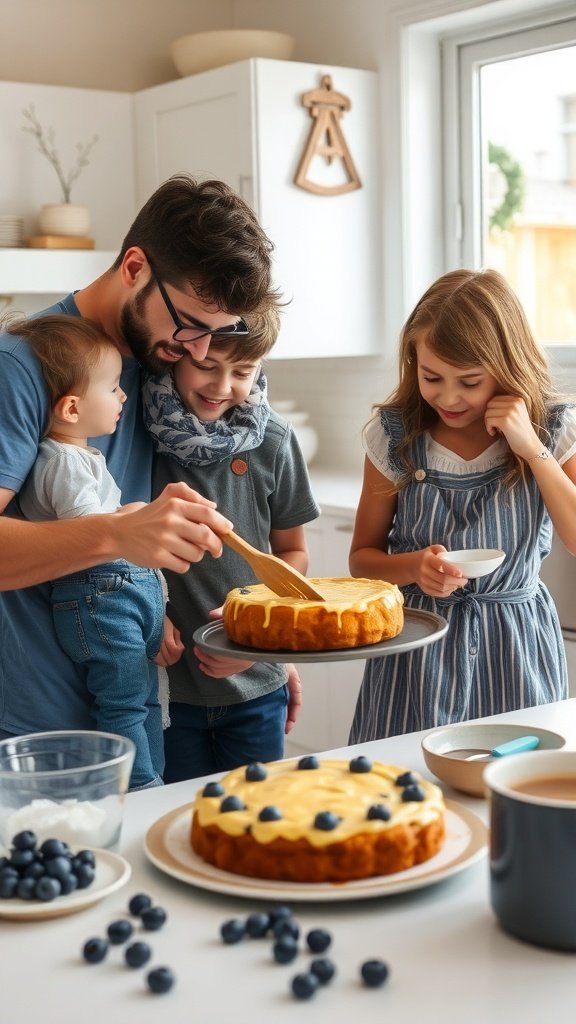A family baking together, making a blueberry sour cream coffee cake in a cozy kitchen.