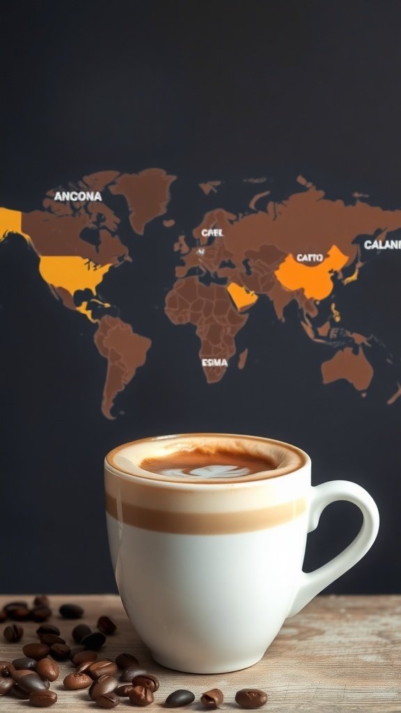 A cappuccino with caramel on top, surrounded by coffee beans and a world map.