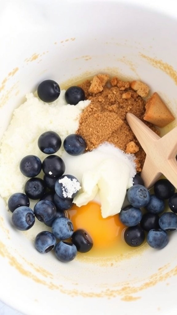 Ingredients for blueberry sour cream coffee cake in a bowl.