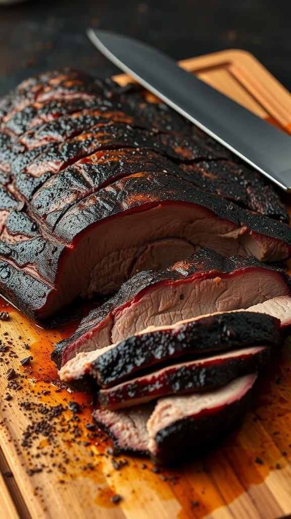 Sliced brisket on a wooden cutting board with a knife