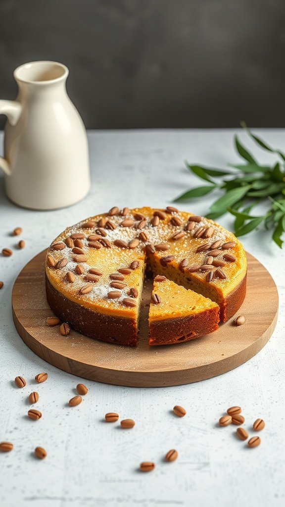 A delicious vegan coffee cake topped with nuts, served on a wooden board.