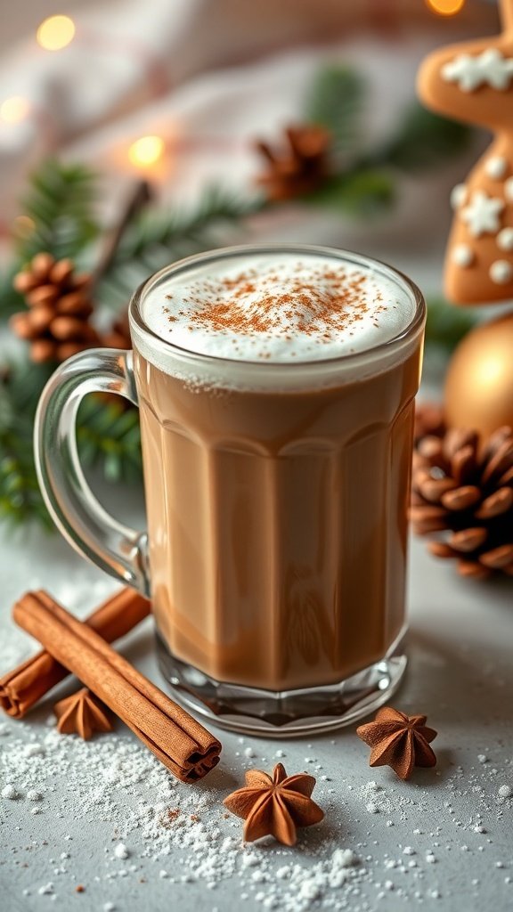 A cozy gingerbread latte with whipped cream and spices, surrounded by festive decorations.