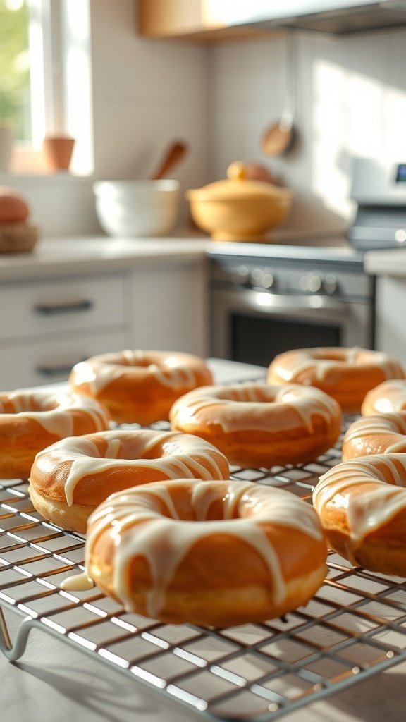 Freshly baked coffee donuts with icing on a cooling rack