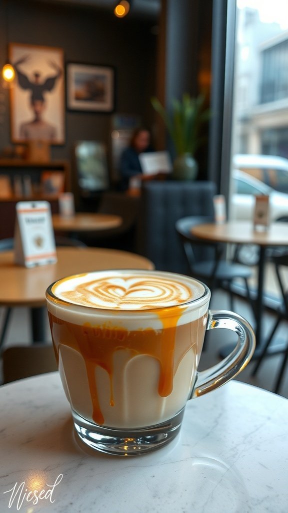 A delicious caramel brûlée cappuccino with caramel drizzles on top, served in a clear glass cup.