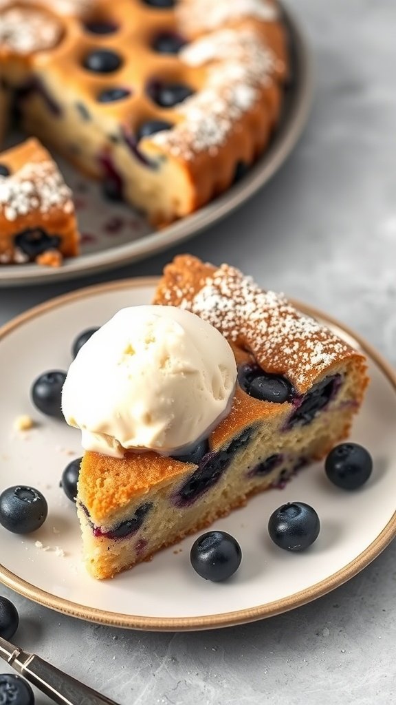 Slice of blueberry sour cream coffee cake with a scoop of ice cream on a plate.
