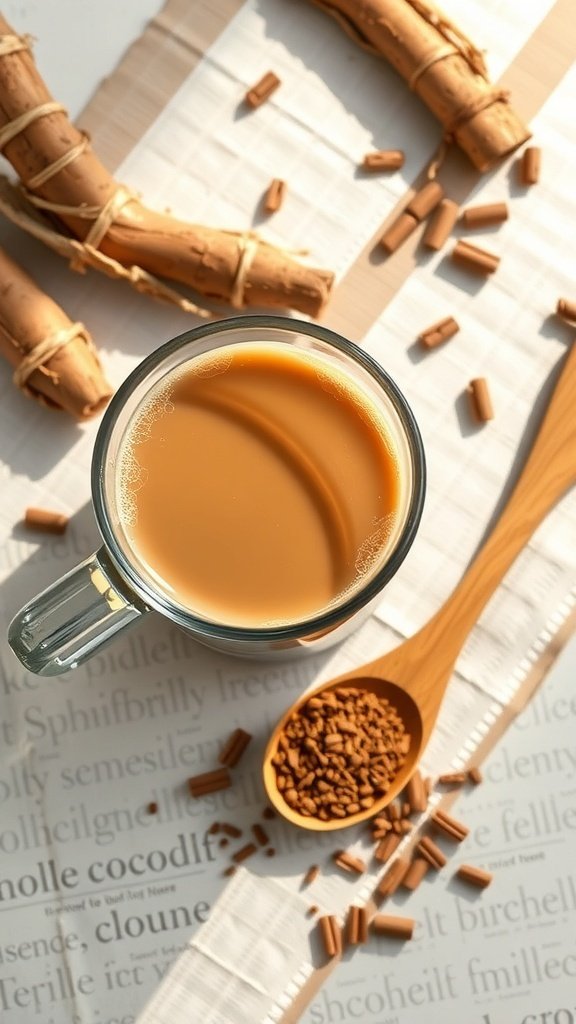 A glass of chicory root coffee with roasted chicory roots and coffee granules around it.