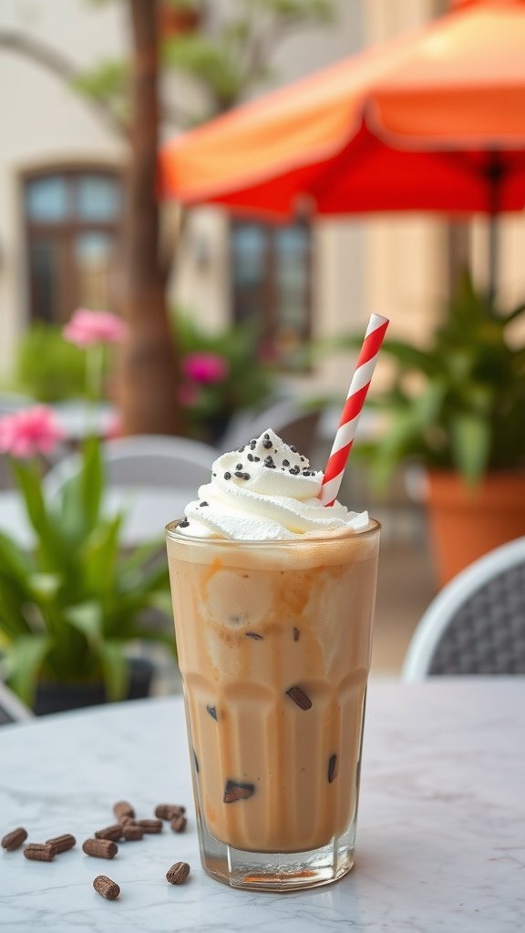 A delicious iced coffee topped with whipped cream and a striped straw
