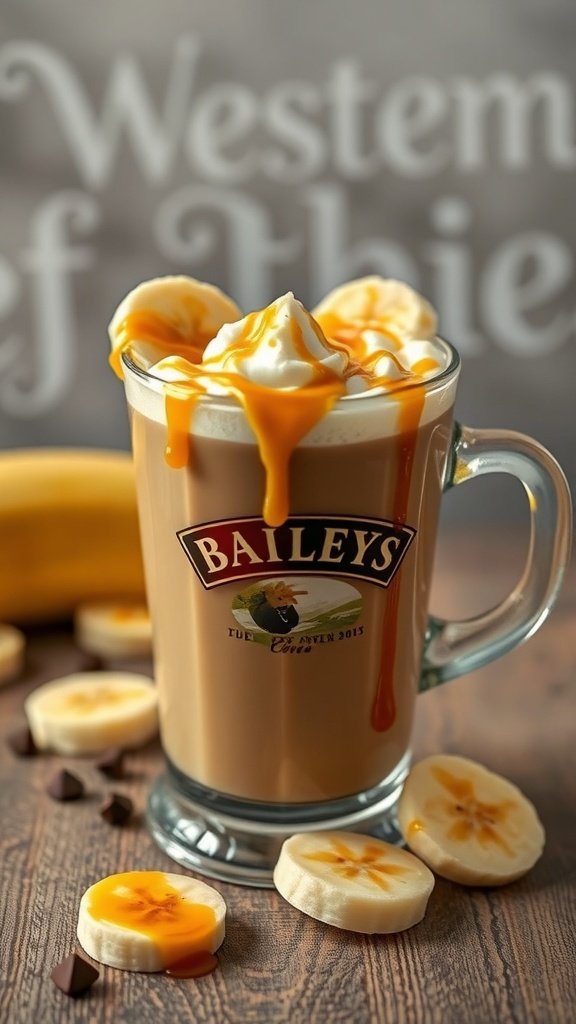 A mug of Caramelized Banana Baileys Coffee topped with whipped cream and caramel, surrounded by banana slices and chocolate chips.