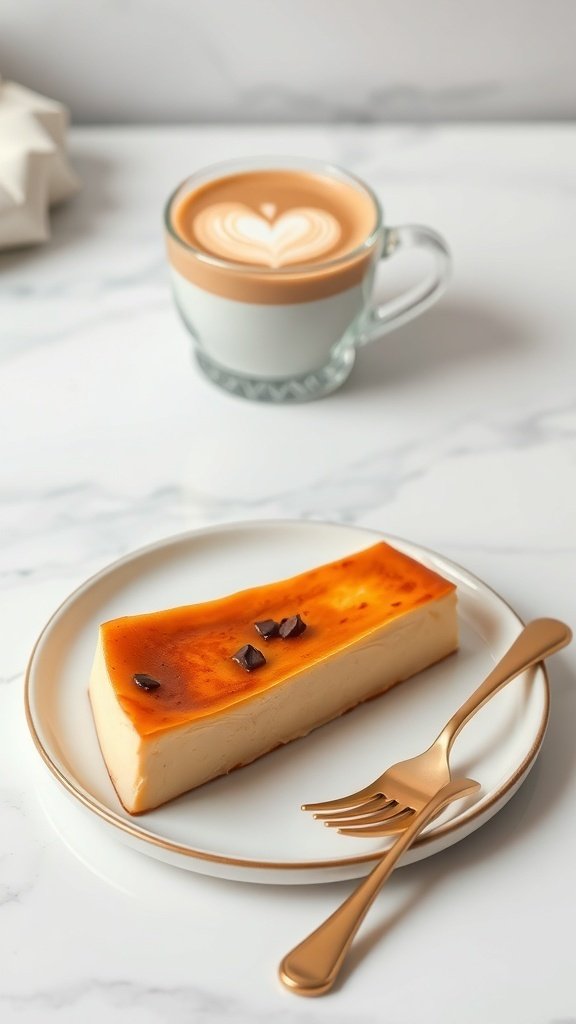 A slice of coffee flan on a plate with a fork and a cup of coffee in the background.