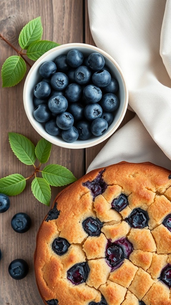 A bowl of fresh blueberries next to a blueberry sour cream coffee cake.
