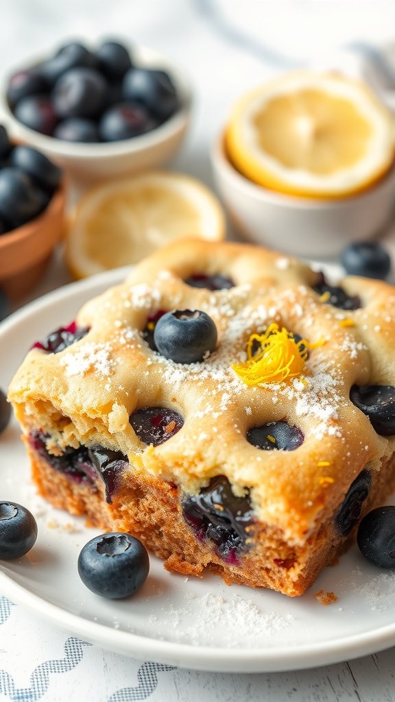 A slice of blueberry sour cream coffee cake garnished with lemon zest, surrounded by fresh blueberries and lemon halves.