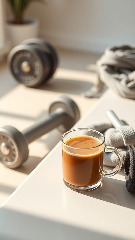 A cup of coffee next to dumbbells and workout gear