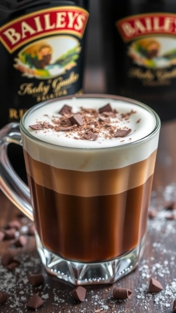 A delicious Baileys and coffee cocktail topped with chocolate shavings.
