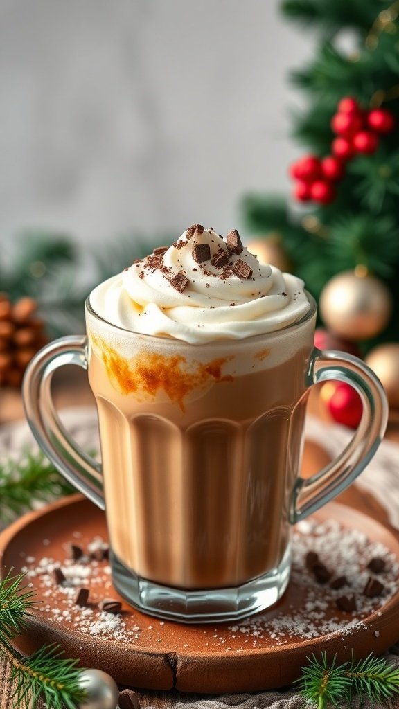 A cozy Irish Cream Winter Coffee Cocktail topped with whipped cream and chocolate shavings, set against a festive backdrop.