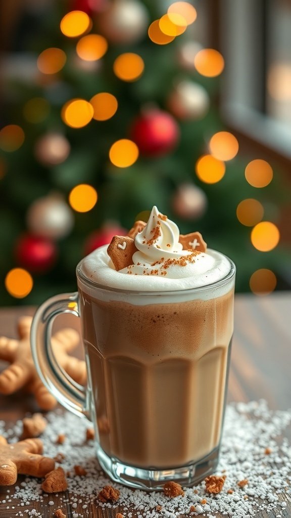 A delicious gingerbread latte topped with whipped cream and gingerbread cookies, with a festive background.