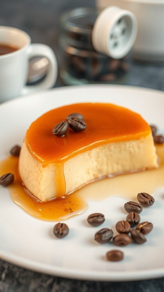 A slice of coffee flan topped with caramel and coffee beans on a plate.