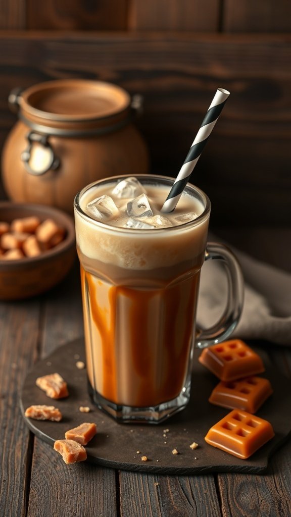 Iced caramel latte in a glass with a straw, surrounded by caramel candies.
