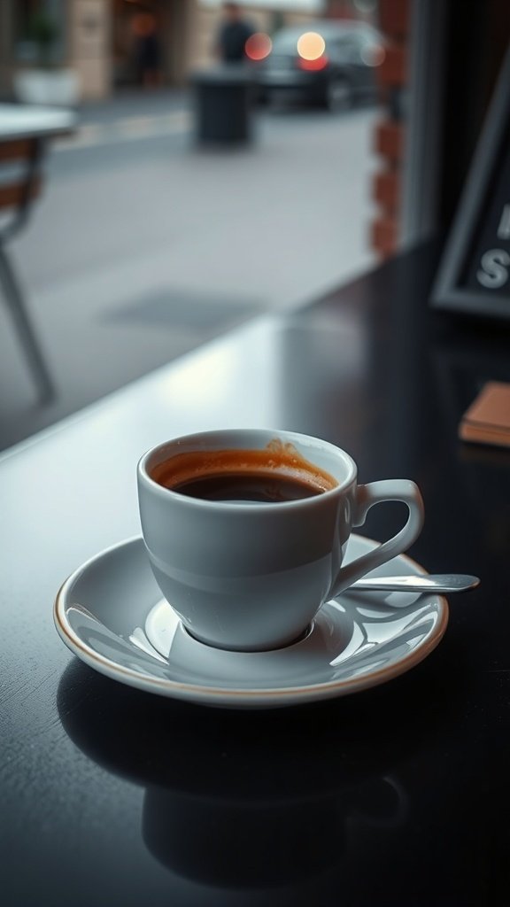 A cup of espresso on a saucer, placed on a table with a blurred background.