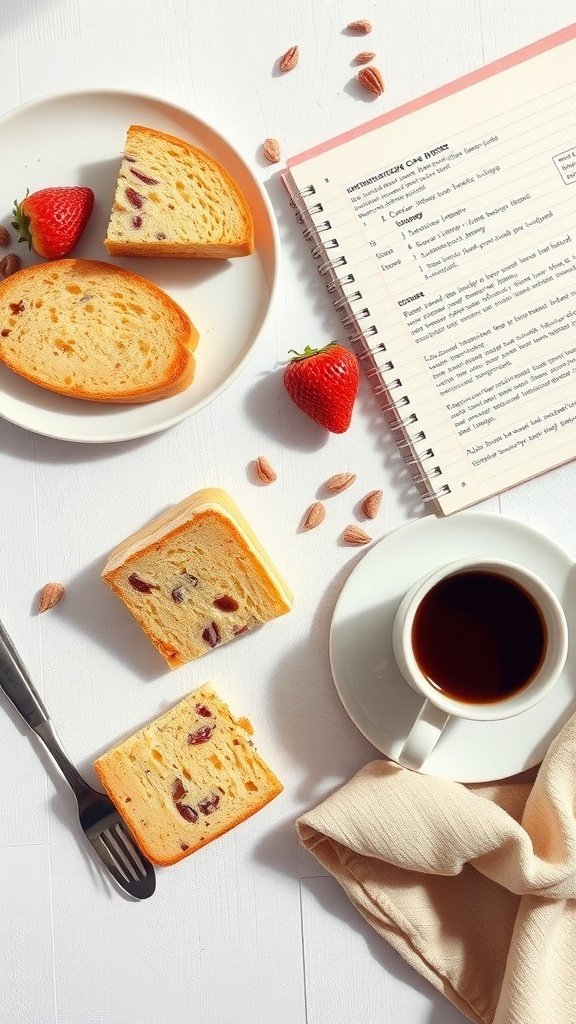 Slices of coffee crunch cake on a plate with strawberries and a cup of coffee.