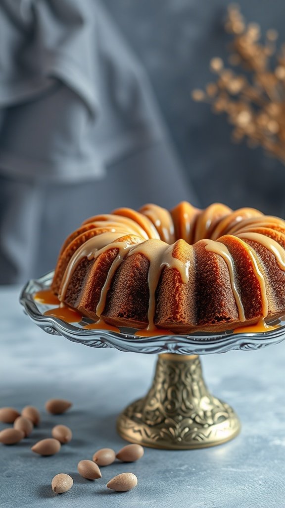 A beautifully glazed coffee cake on a decorative stand.