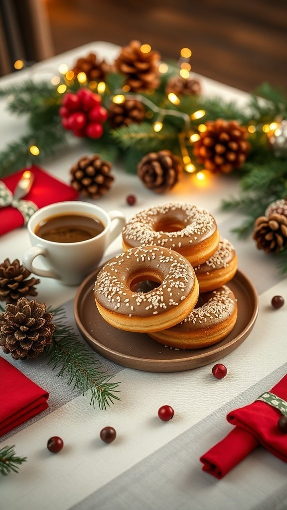 A festive arrangement of coffee donuts, pinecones, and holiday decorations.