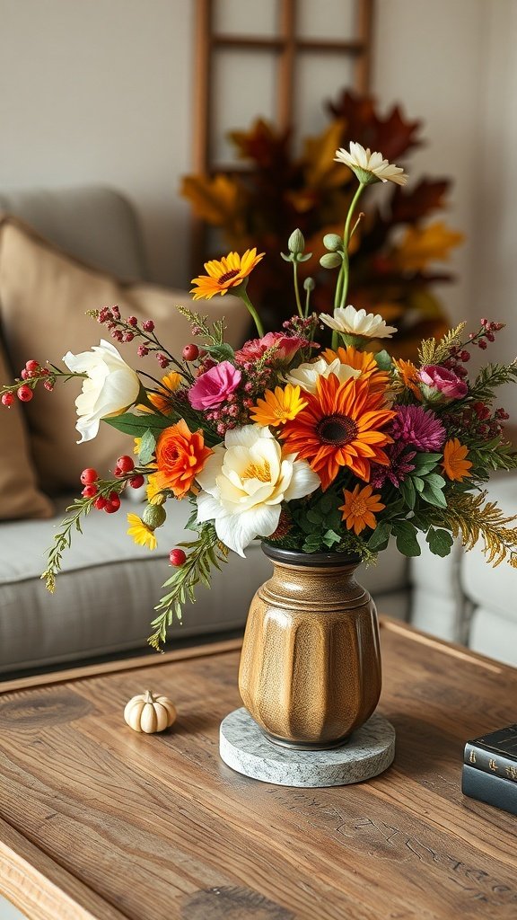 A vibrant fall floral arrangement in a golden vase on a wooden coffee table.