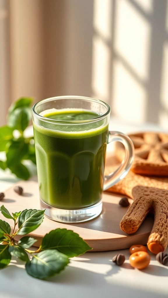A green smoothie in a glass mug surrounded by coffee beans and gingerbread cookies.