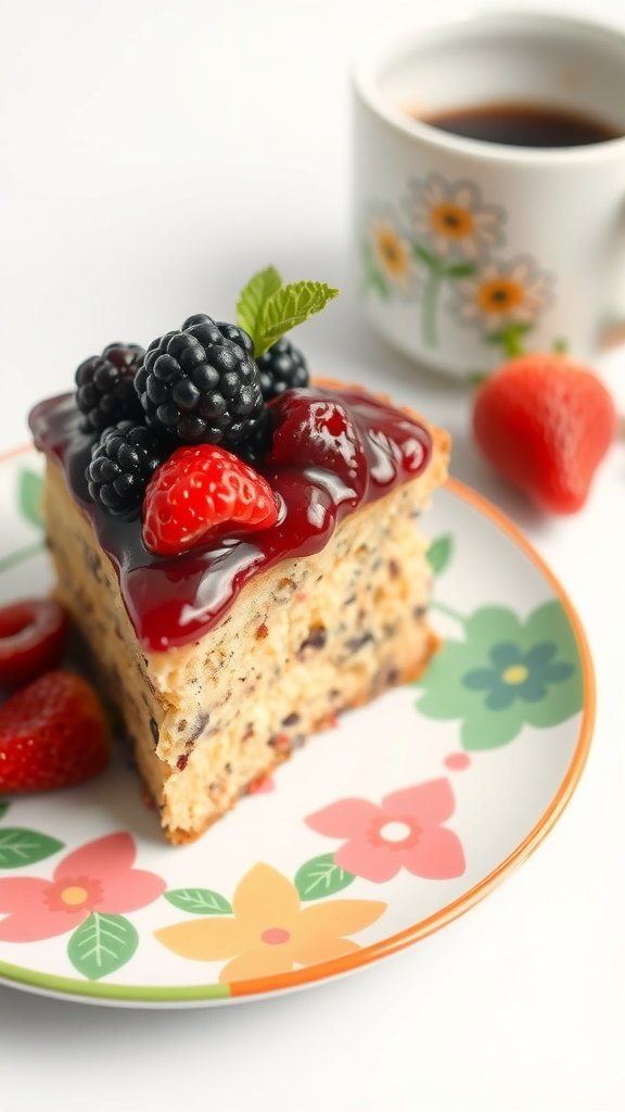 Slice of coffee cake topped with berry compote and a cup of coffee