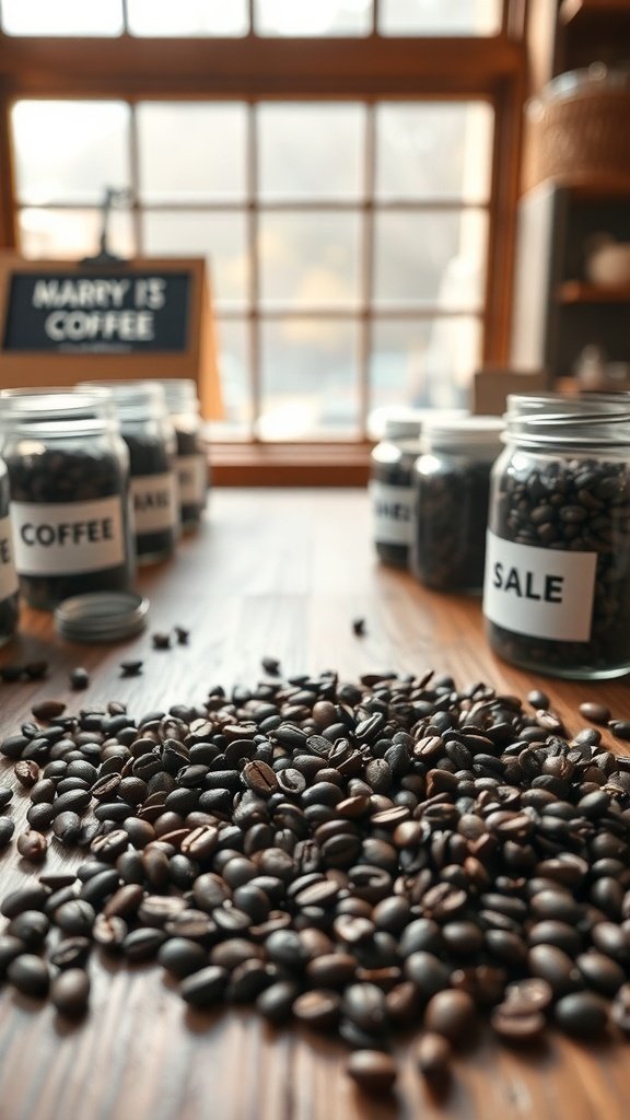 Coffee beans scattered on a wooden table with jars labeled for sale.