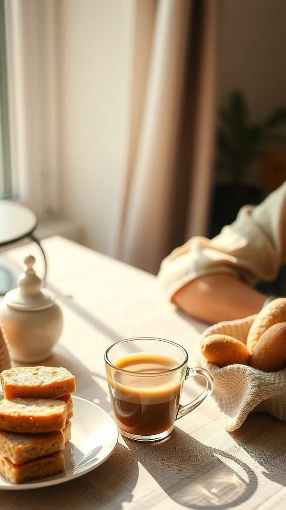 A cozy morning scene with a cup of coffee and snacks on a table.