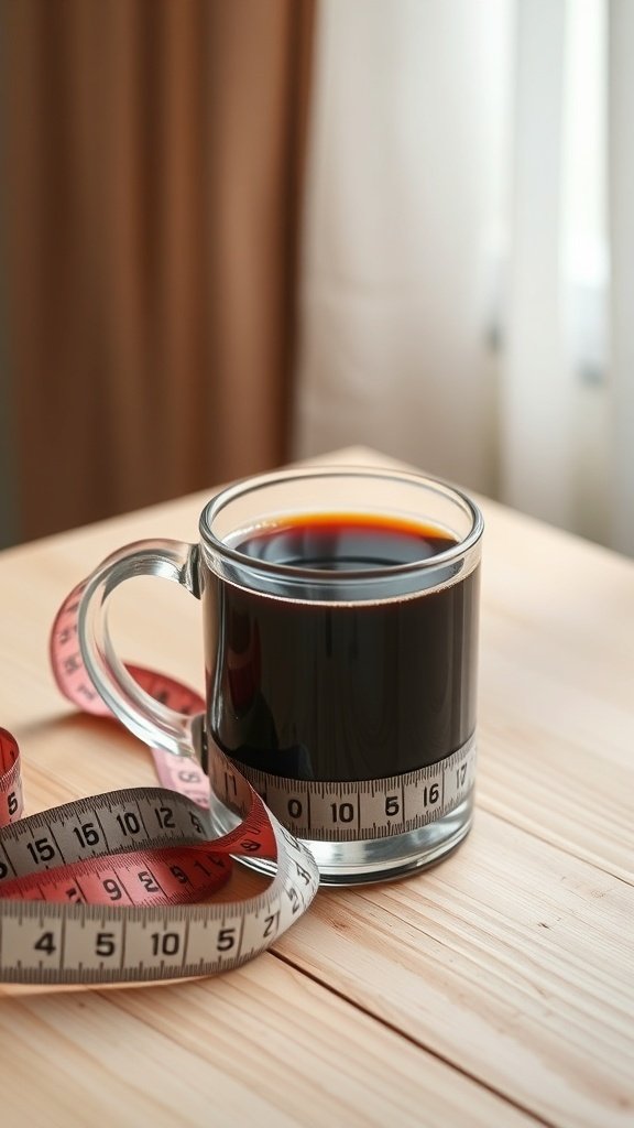 A cup of black coffee next to a measuring tape on a wooden table