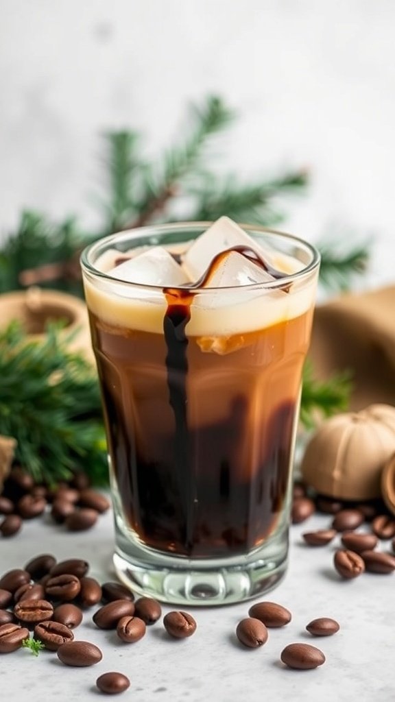 Frozen Irish coffee in a glass with ice and coffee beans around it