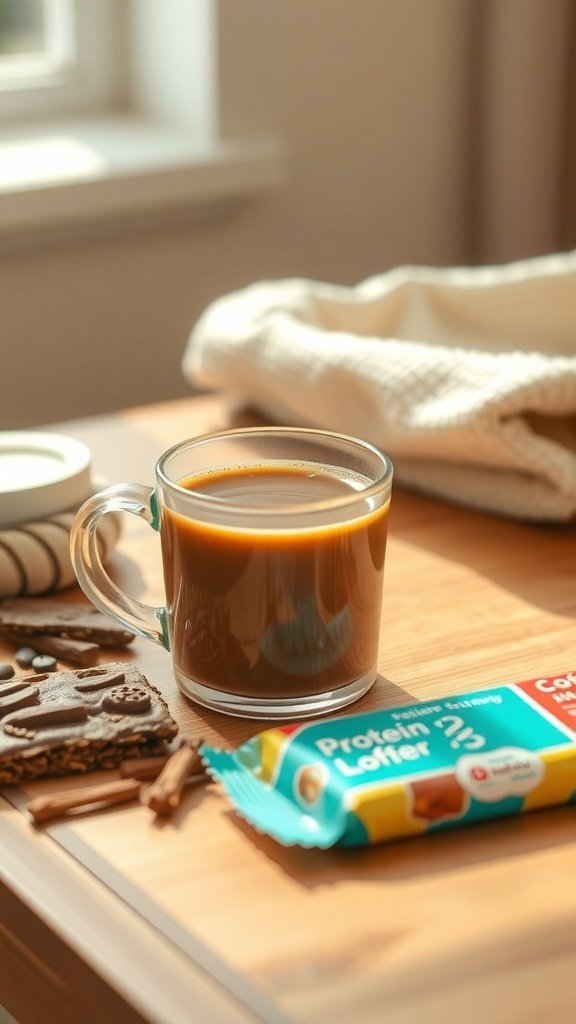 A cup of coffee next to a protein bar on a wooden table.
