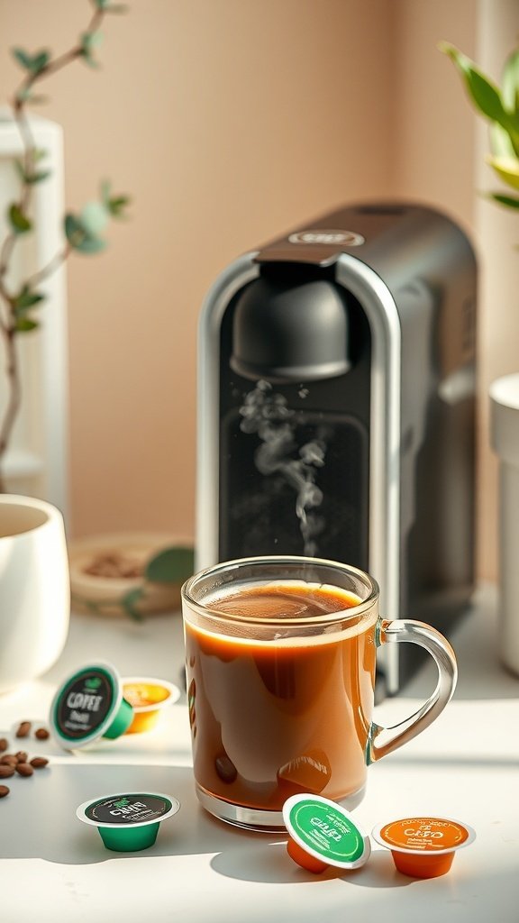 A coffee pod machine with a steaming cup of coffee and colorful coffee pods.