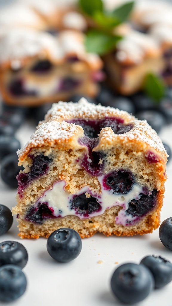 A slice of blueberry sour cream coffee cake with cream cheese filling, surrounded by fresh blueberries.
