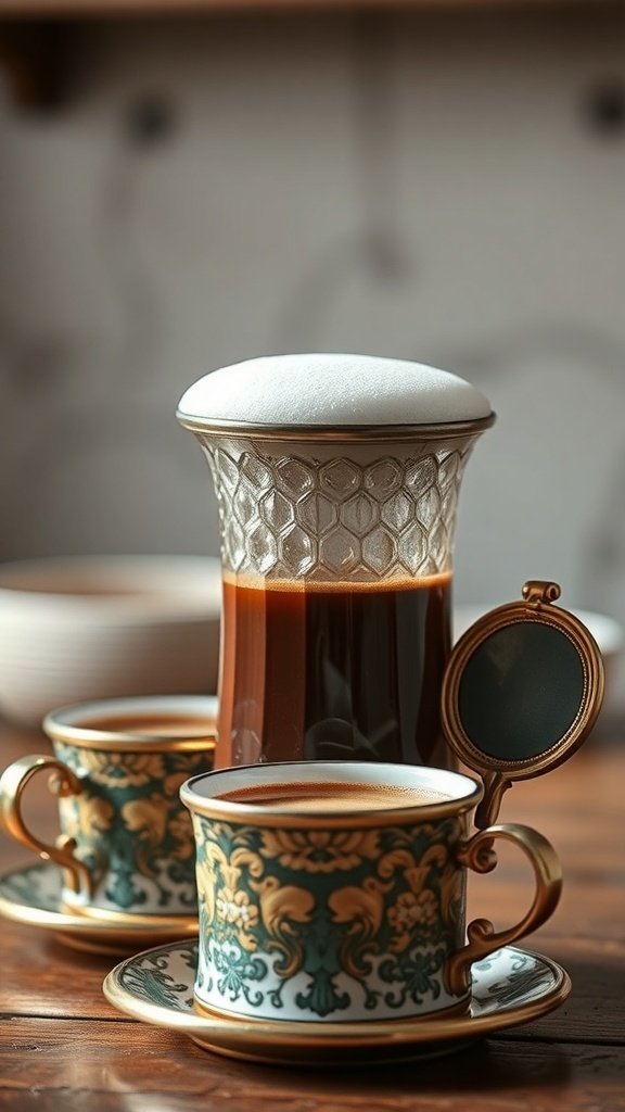 A traditional setup for Turkish coffee with ornate cups and a cezve.