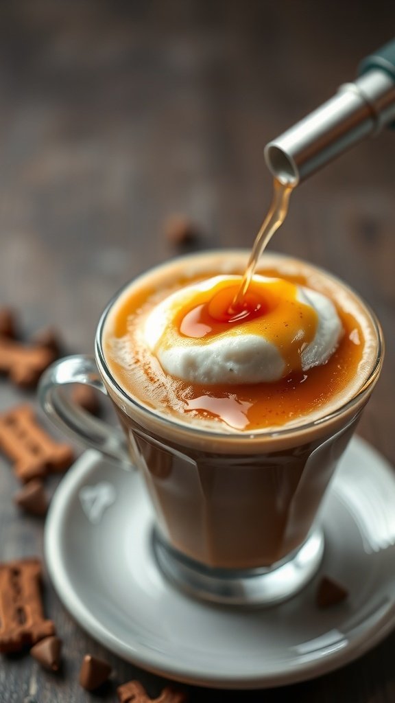A caramel brûlée cappuccino with a glossy caramel topping.