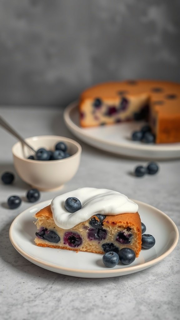 A slice of blueberry sour cream coffee cake topped with yogurt and fresh blueberries on a plate.