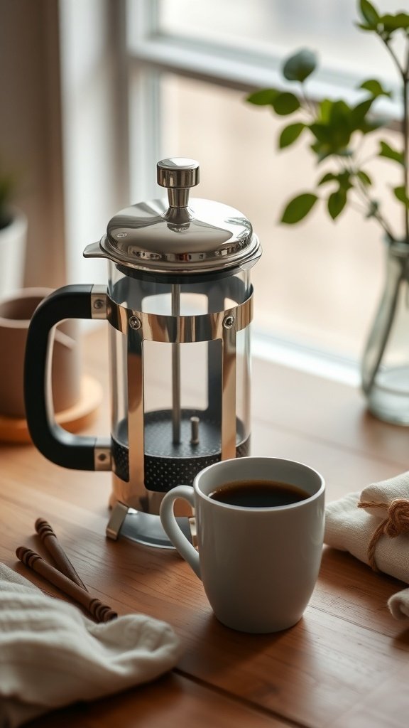 A French press coffee maker with a cup of coffee on a wooden table.