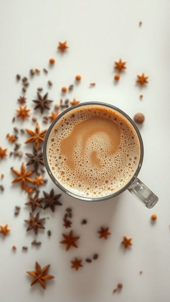 A glass of chai tea latte surrounded by star anise and spices.
