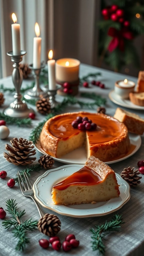 A beautifully presented coffee flan surrounded by festive decorations.