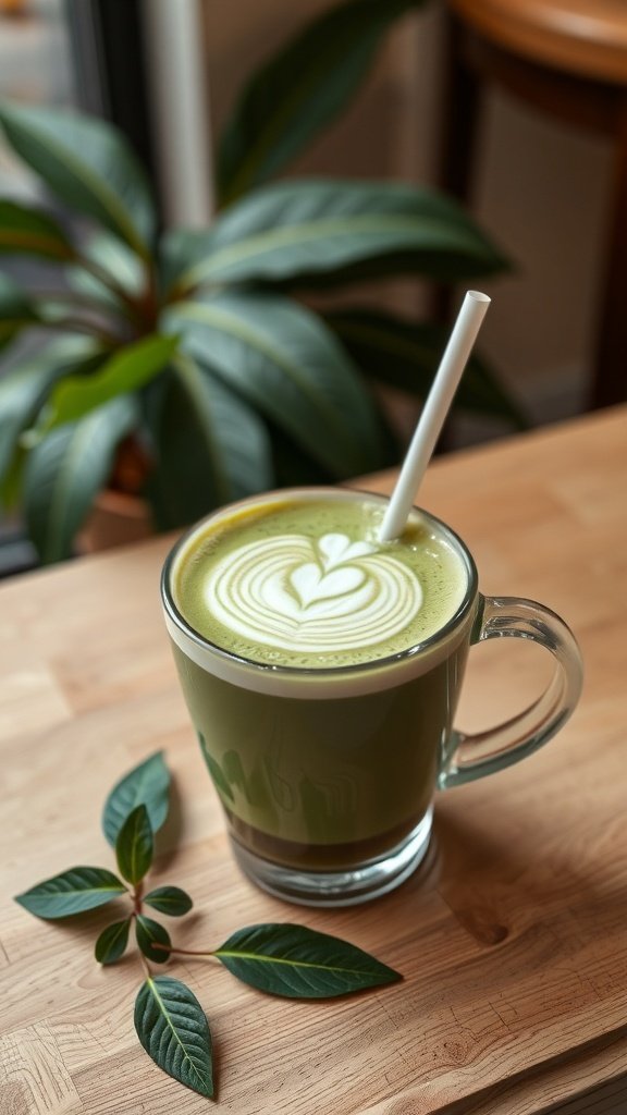 A beautifully crafted green tea latte with a heart design on top, placed on a wooden table with leaves in the background.