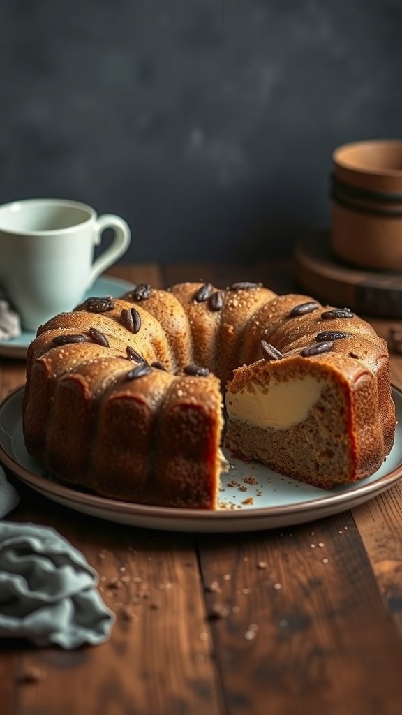 A delicious coffee cake with a creamy filling, served on a plate with a cup of coffee in the background.