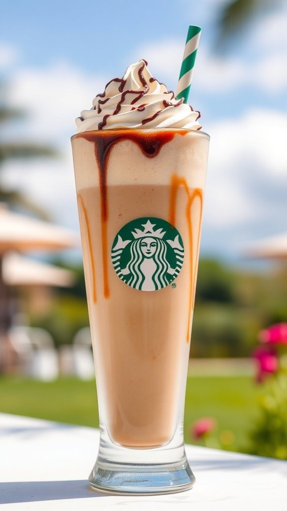 A delicious Starbucks Coffee Frappuccino topped with whipped cream and caramel drizzle.
