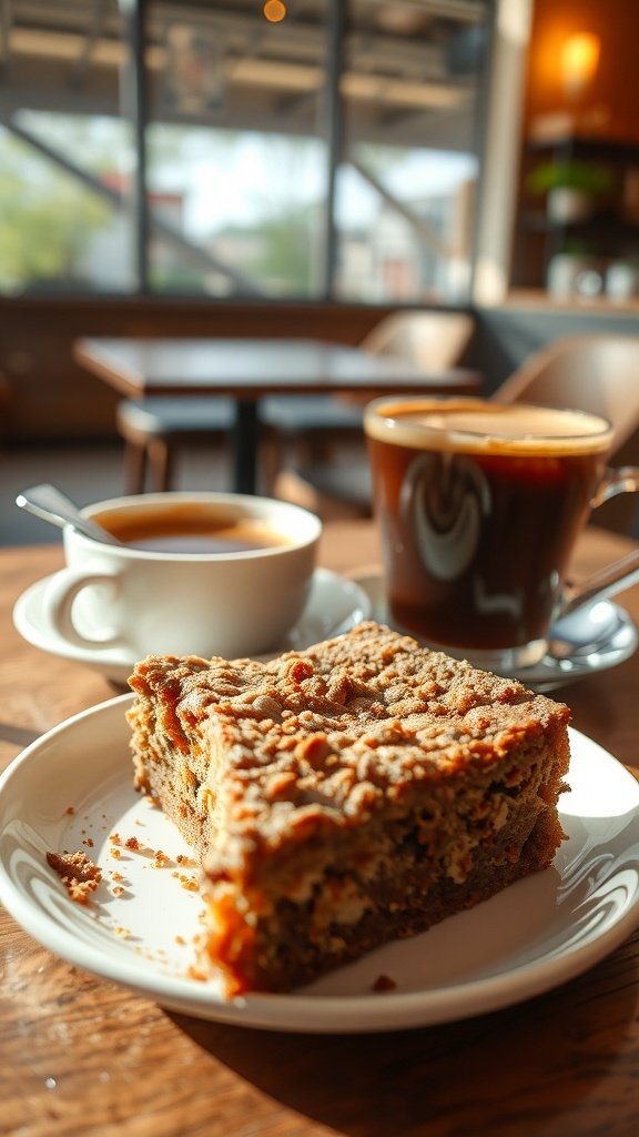 A slice of coffee crunch cake on a plate with a cup of coffee.